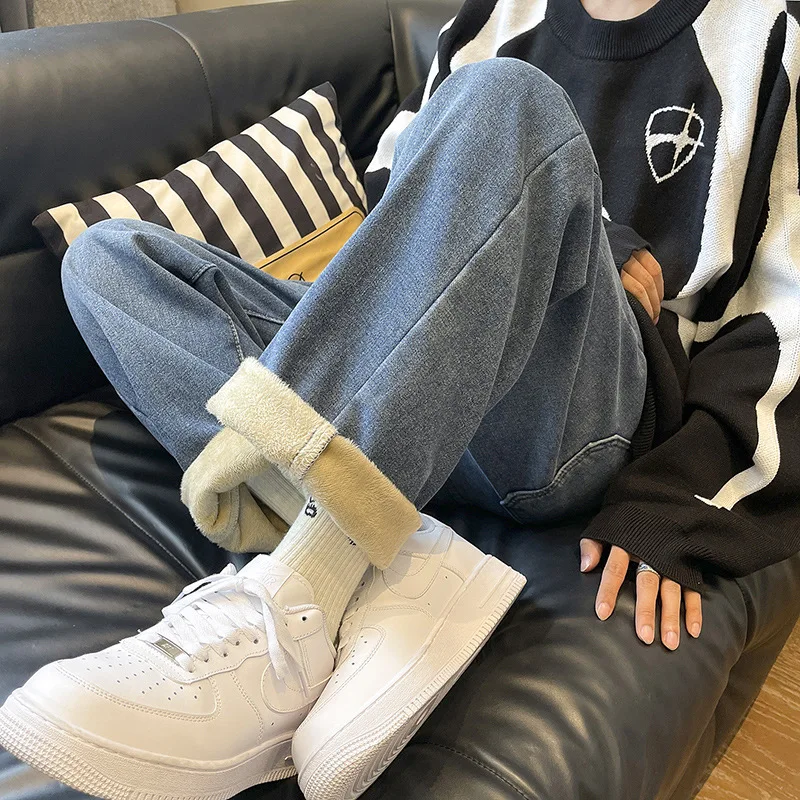 Plus Velvet Men's Winter Y2K Thick Jeans Denim Pants Drawstring Vintage Jeans For Men Streetwear Harajuku Korean Winter Clothes