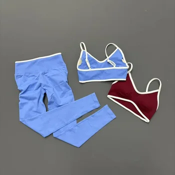 2Pcs Sports Set Women Contrast Trim Yoga Seamless Yoga Bra High Waist Sculpt Leggings Pilates Gym Workout Running Fitness Suit