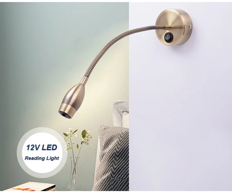 2pcs/Lot 3w 12V DC LED Bronze Bullet Reading Lights Beside Light RV/Caravan/Motorhome/Campervan Boats Flexible Wall Lamp Switch