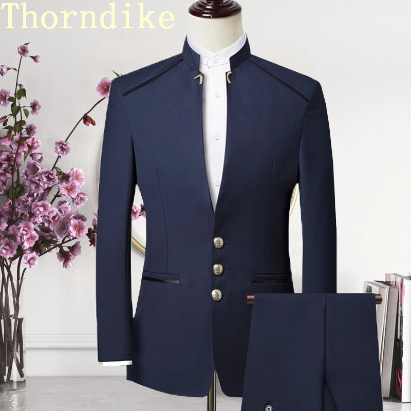 Men Suit Chinese Style Stand Collar Blazer Wedding Groom Set Tuxedo