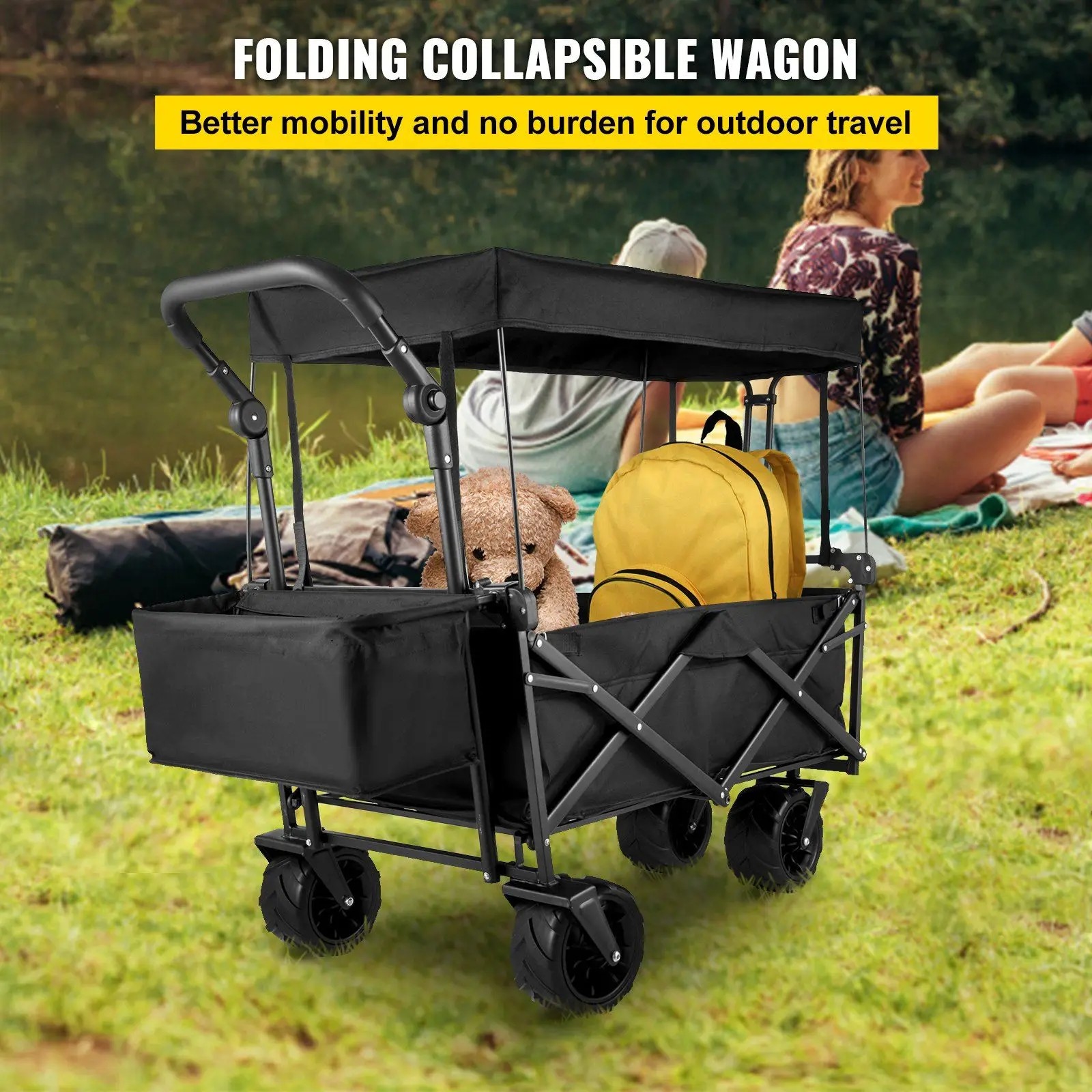 Extra Large Collapsible Garden Cart with Canopy, Folding Wagon with Wheels, for Gardening, Camping, and Shopping, Black