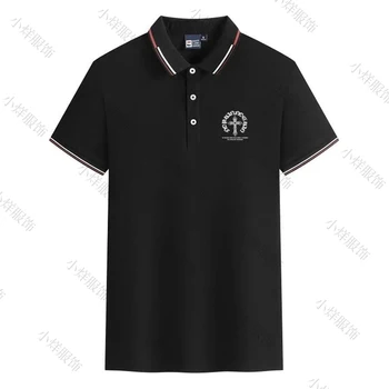 Polo da Uomo Nera con Ricamo a Croce, Colletto a Righe, Bottoni, Manica Corta, Tessuto Traspirante, T-shirt Casual Maschile
