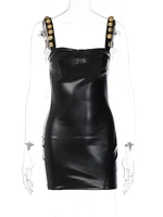 PU Imitation Leather Button Shoulder Straps Slim Bodycon Dress Women Sleeveless Skinny Mini Dress Evening Club Party Vestidos - Image 3