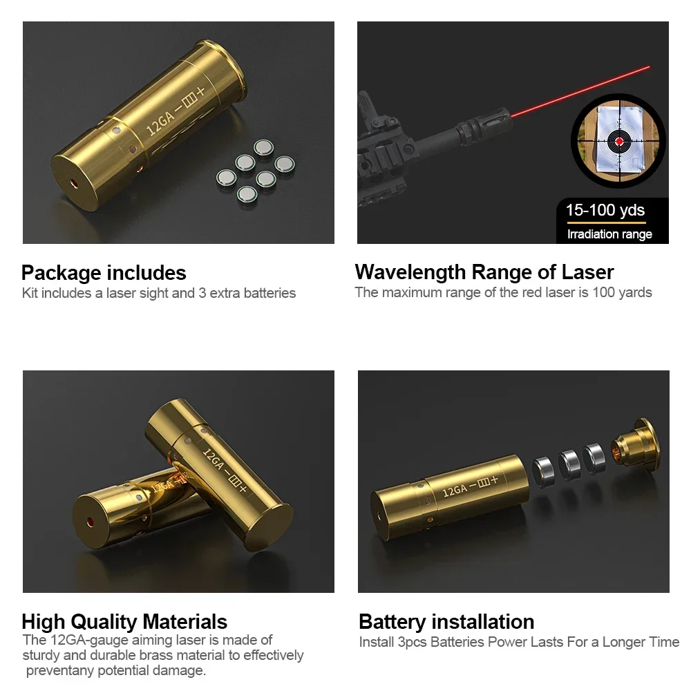 Laser Sight 12GA Red Laser Boresighter Cartridge Dot for Pistol Rifle Scope Hunting Training