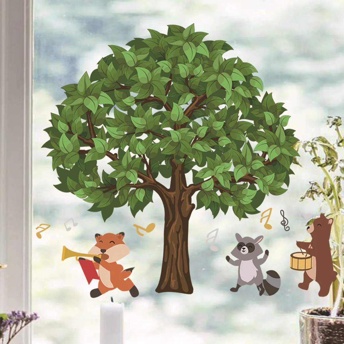 

Big Tree Animal Note Cartoon Wallpaper, Electrostatic Paste, Glass Stickers, Window, Double-sided, Visual Decoration