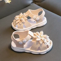 New Summer Sandals Kids Sweet Princess Fashion Covered Toes Soft Non-slip Pink Flower Children Snap Button Flat Casual Shoes 2