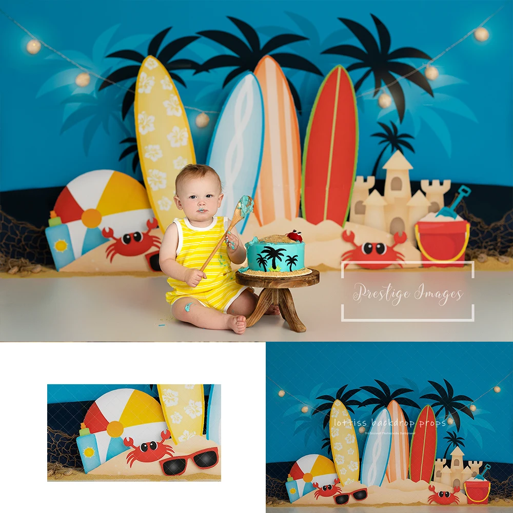 Summer Surfs Up Dude Fondali Bambini Baby Birthday Cake Smash Photography Child Photocall Surf Beach Palm Trees Sfondi