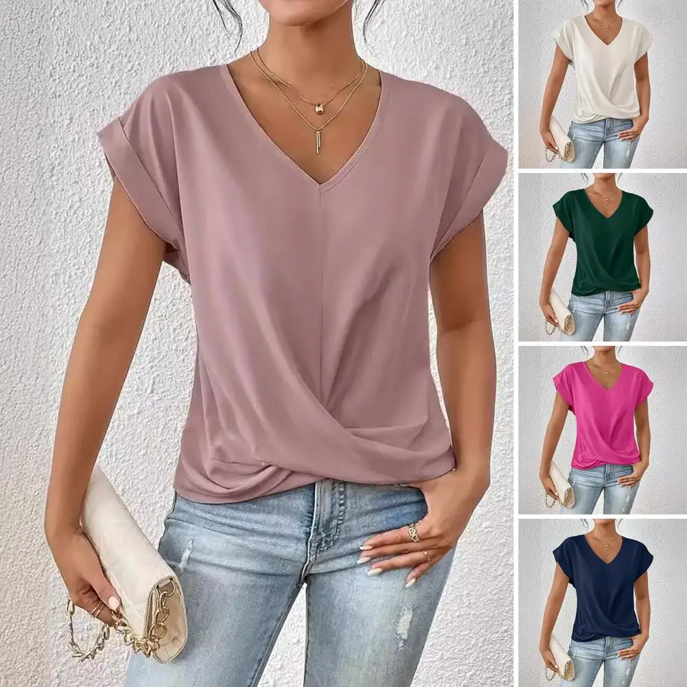 Womens Blouse V-Neck Short Sleeve Ruffled Design T-Shirt Loose Fit Casual Tops Folded Blouse
