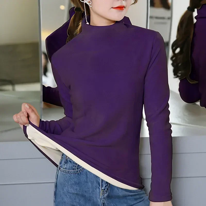 

Sleeve Casual Soft Slim Long T-shirts Turtleneck Thicken Velvet Tees Winter Half Fall Tops Base Pullover Women Velour Basic Warm