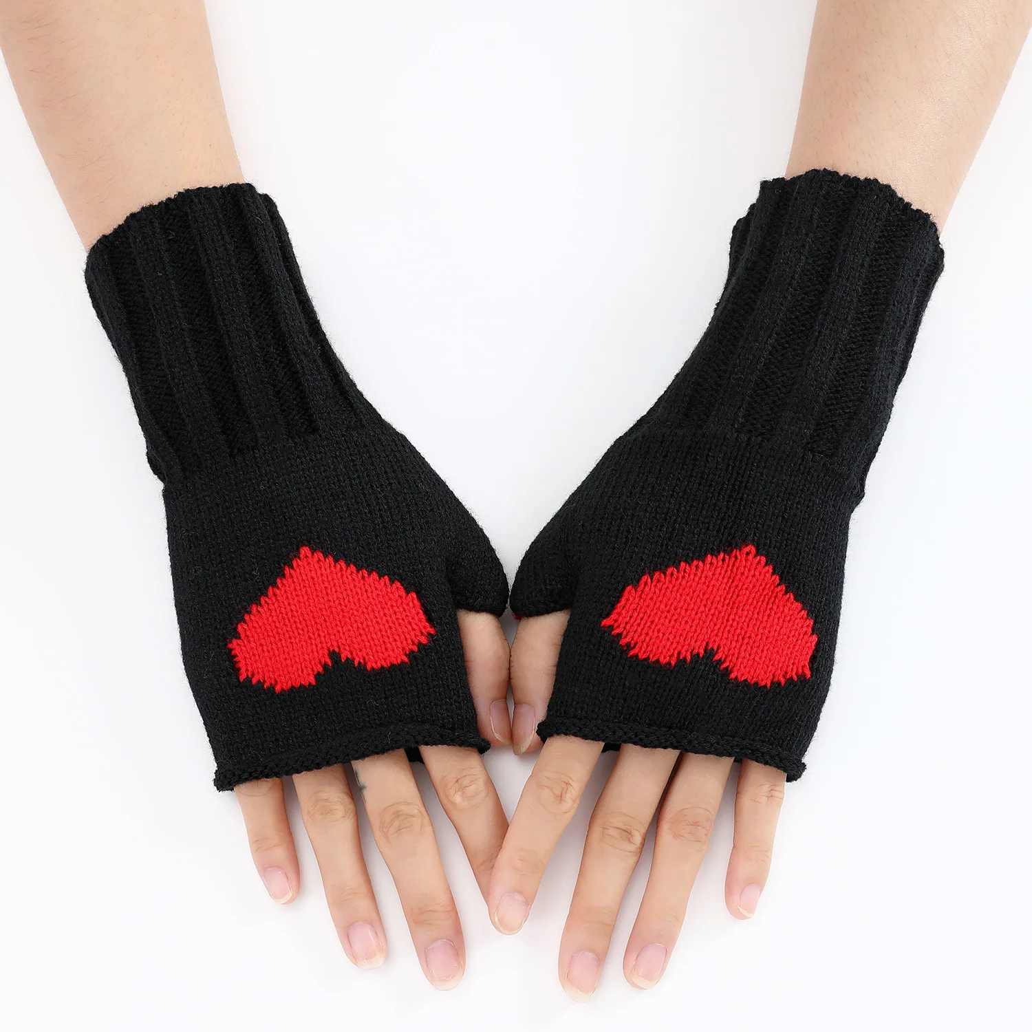 

2023 New Love Color Match Knitted Glove Women Girl Cute Fingerless Gloves Autumn Winter Half-Finger Office Warmth Gloves Fashion