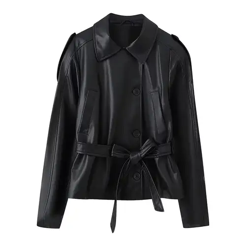 HH Women Spring New Fashion Versatile Imitation Leather Short Windbreaker Coat Female Streetwear Slim Lapel Bow Belt Jacket - Image 7