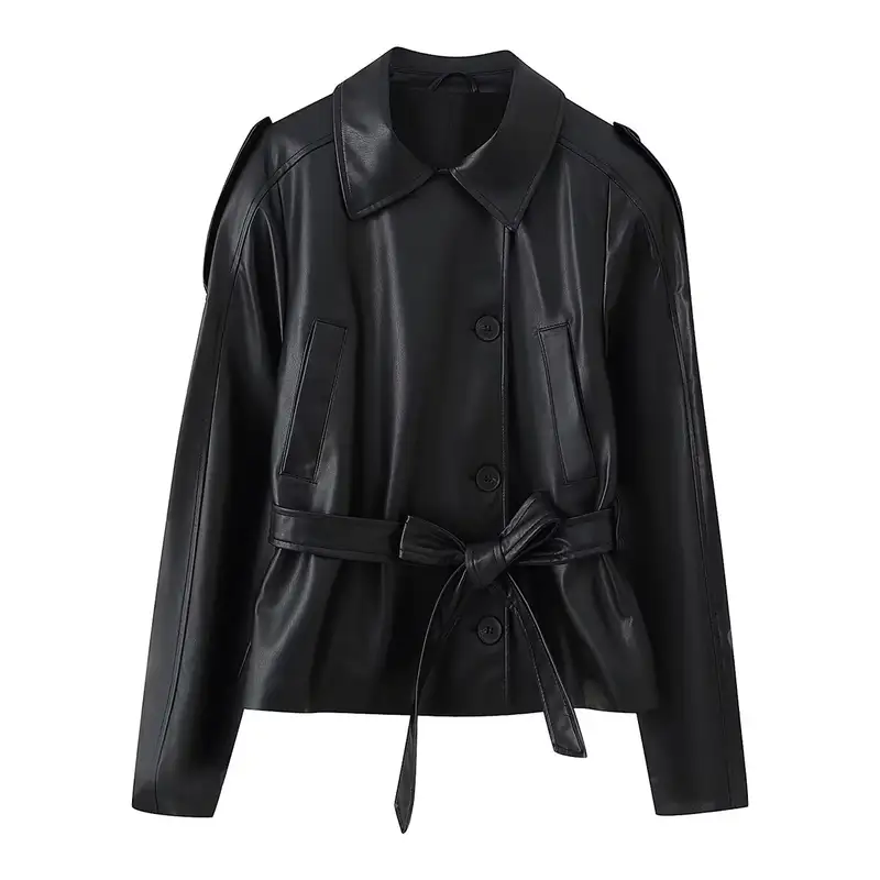 HH Women Spring New Fashion Versatile Imitation Leather Short Windbreaker Coat Female Streetwear Slim Lapel Bow Belt Jacket - Image 7