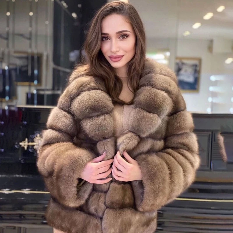 Lapel Long Sleeve Natural Fox Fur Coat Women Fashion Luxury Outertwear  Sable Color High Quality Real Fur Jacket Female Spring