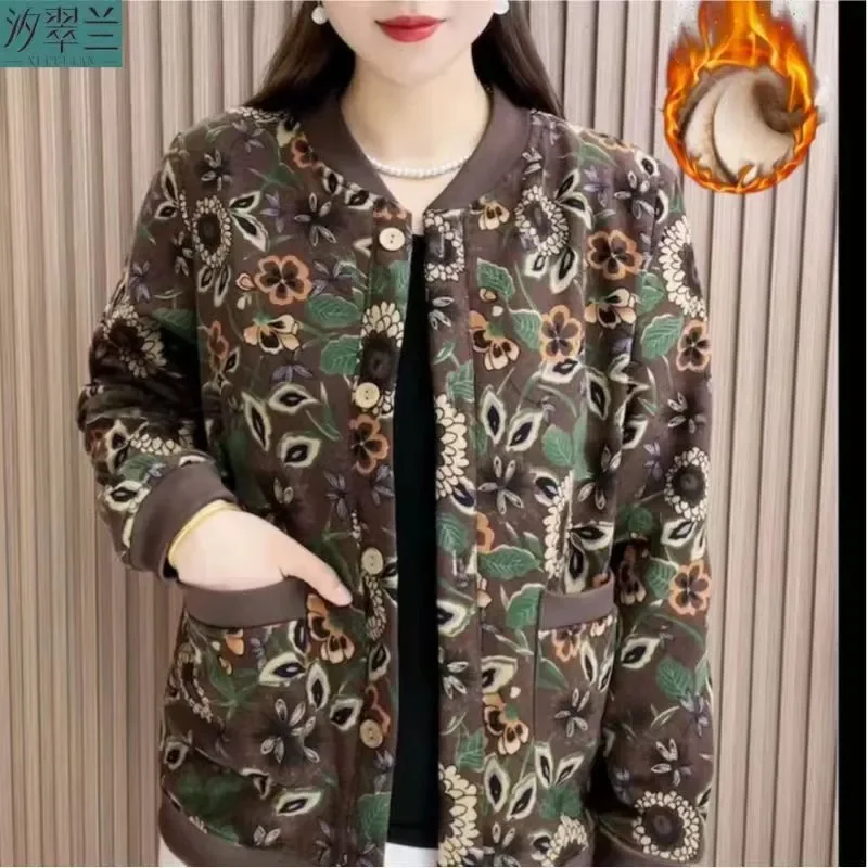 2024 Winter Vintage Art Fragmented Flower Plush Coat for Women's Loose and Slim Single breasted Thickened Print for Warm Outwear