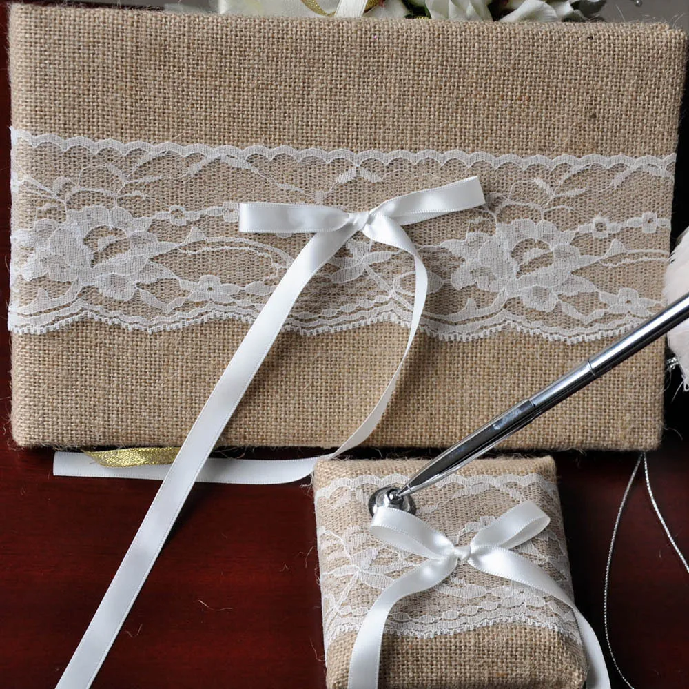 personalized wedding natural linen lace guest book 1 set of natural style sign in book wedding supplies