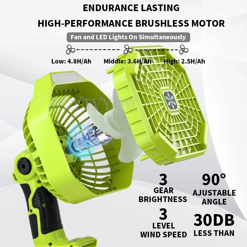 Cordless Fan Compatible with Ryobi 18v Battery with 300LM LED Light Portable Cam