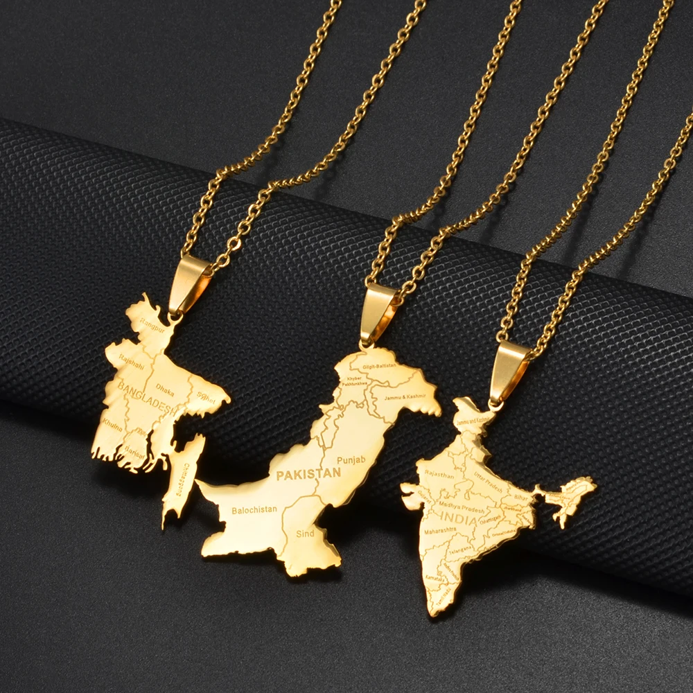 Anniyo India Pakistan Bangladesh Map Pendant Necklaces for Women Stainless Steel Jewelry #518462