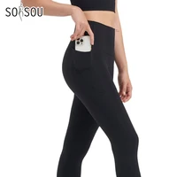 SOISOU Nylon Leggings Yoga Women's Pants Gym Sport Fitness Pants Tight Elastic Breathable High Waist Side Pockets Sportswear