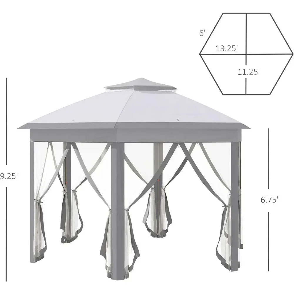 Gazebo 13' X 13' Pop Up Canopy, Hexagonal Canopy Shelter With 6 Zippered Mesh, Event Tent With Strong Steel Frame For Canopy 4