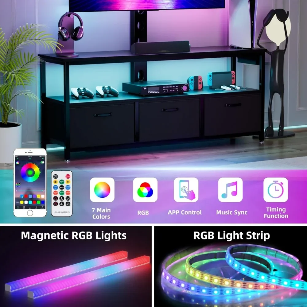 New2025-TV Stand with Mount and Power Outlet, Swivel TV Stands Mount with LED Lights for 32/45/55/60/65 inch TVs, Tall Entertain