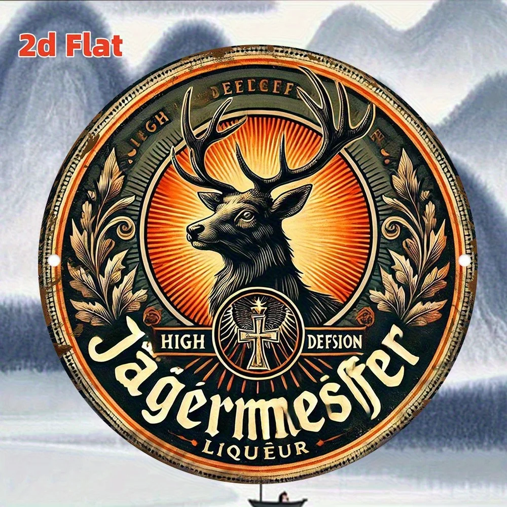 2D flaches, retro-Jaaeger-Bierlogo mit Hirschkopf, Holzlogo – wunderschöne Geweih- und Sonnenwanddekoration, orange, schwarz, gold – Detail 7