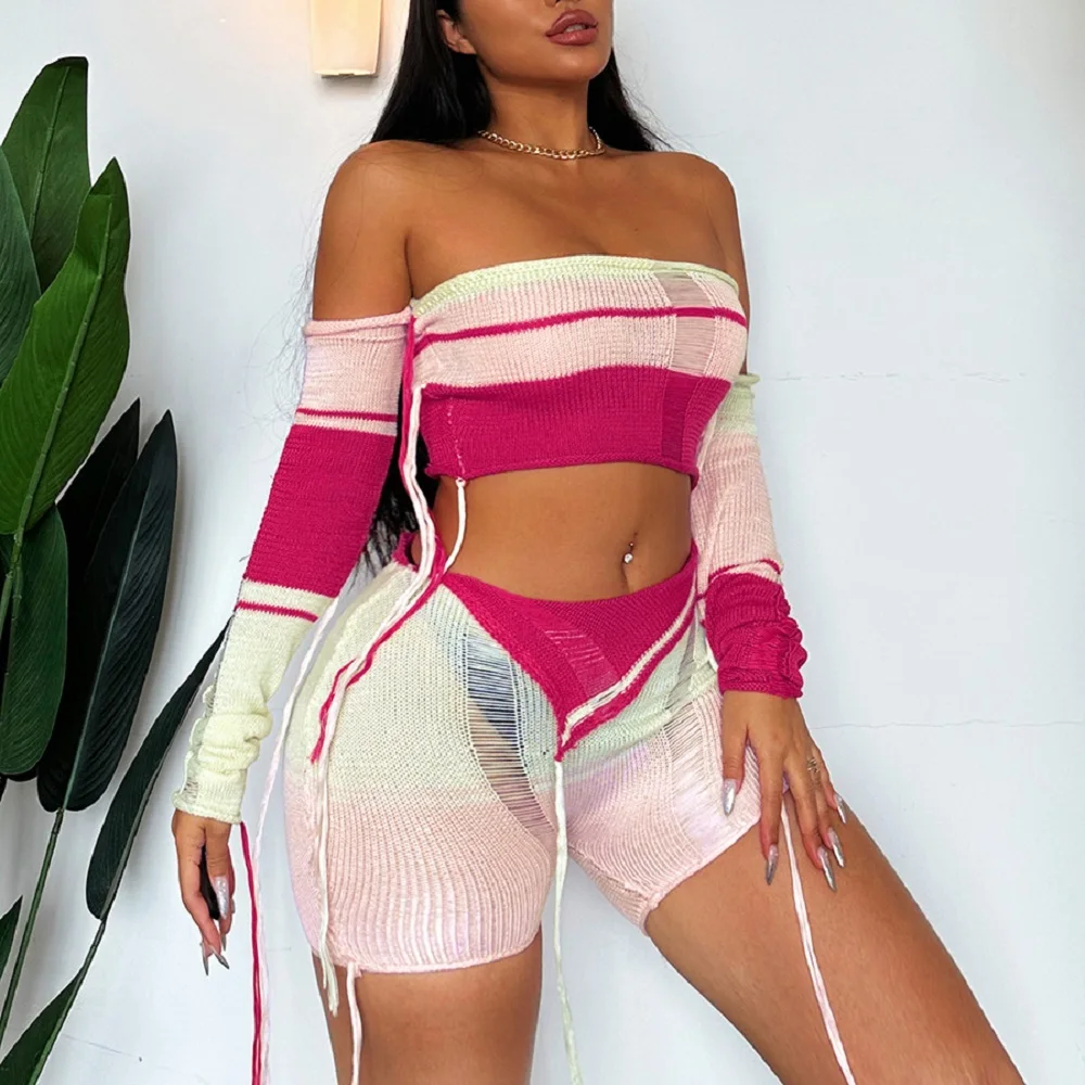 

Patchwork Knitted Two Piece Set Women Outfit 2023 Off Shoulder Long Sleeve Strapless Crop Tops Fold Shorts Stretch Y2k Style