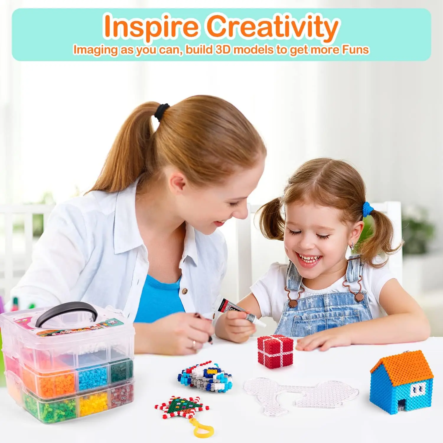 10000 Pcs Fuse Beads Craft Set, Creative DIY Kit with Storage Box, Pegboards, Ironing Paper Chain Accessories Colorful Crafts 5