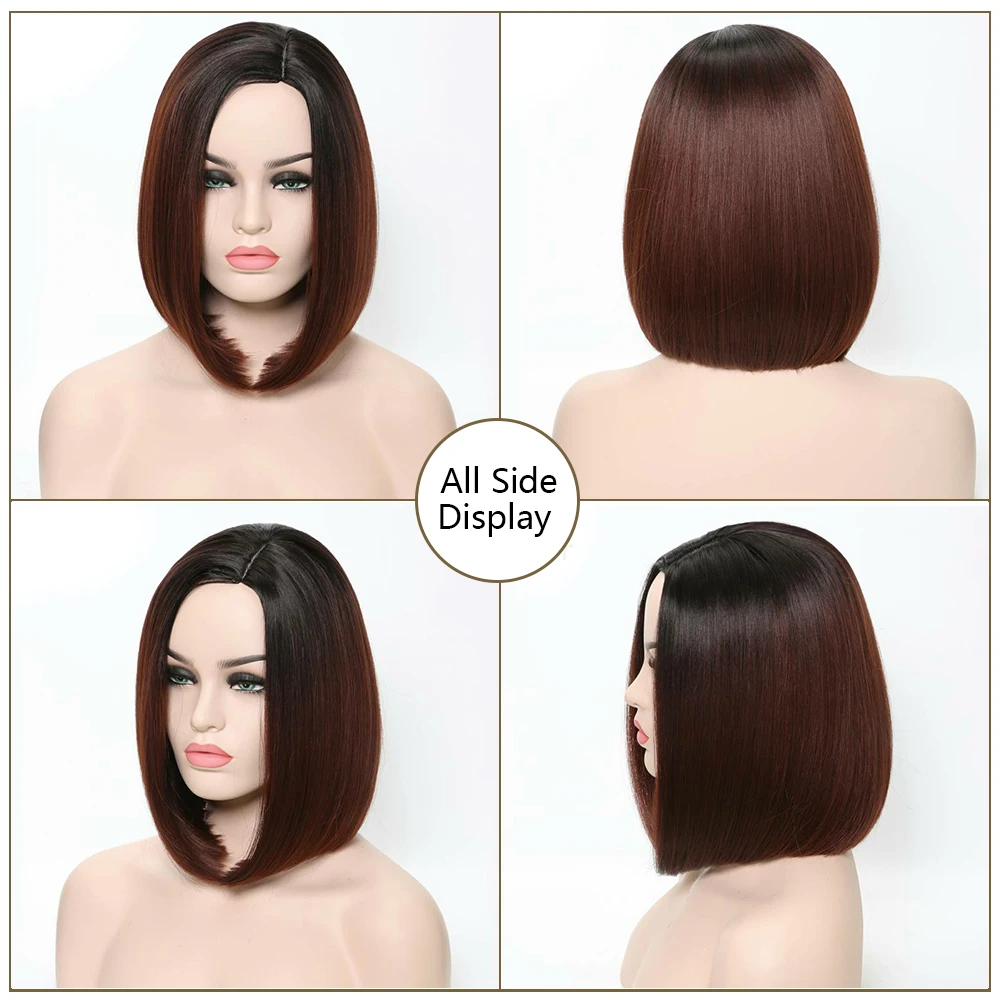 Synthetic Short Ombre Dark Root to Wine Red  Straight 13.5Inch Bob Hair Wig for Women Natural Looking Daily Use or Cosplay Wig