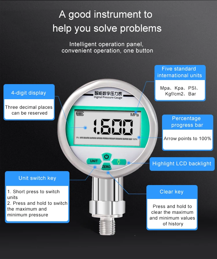 Battery Powered Stainless Steel Intelligent Digital Display Pressure Gauge High-