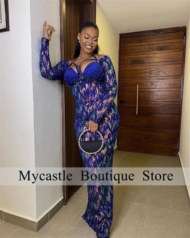 

Aso Ebi Royal Blue Mermaid Evening Dresses 2023 For Black Girls Long Sleeves Lace Beaded Prom Dresses Birthday Party Gowns