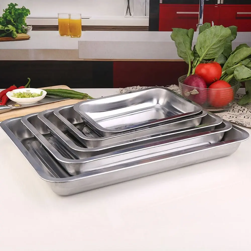 1Pcs Grill Meat Deep Stainless Steel Tray Rectangle Kitchen Accessories Steamed Rice Sausage Plate Barbecue Tea Storage