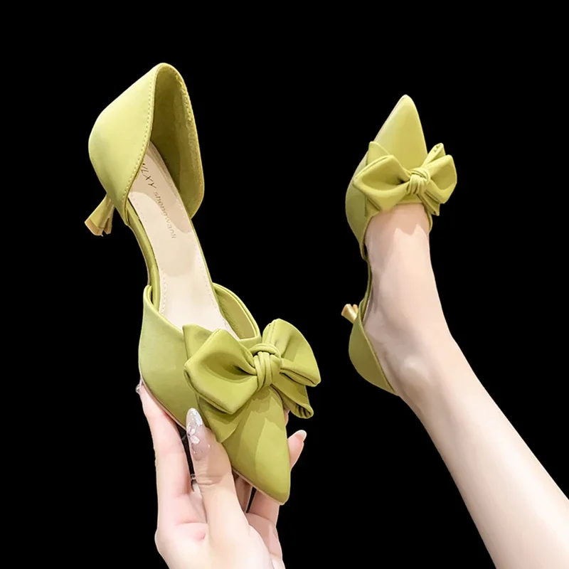 Elegant Silk Bow Thin Heel Pumps Shoes for Women 2023 Two-Piece Green Party Shoes Woman Summer Slip-On Med Heels Pumps Shoes