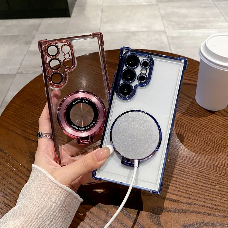 Four Corners Air Cushion Anti-Drop Transparent Electroplated Magnetic Stand Protective Case