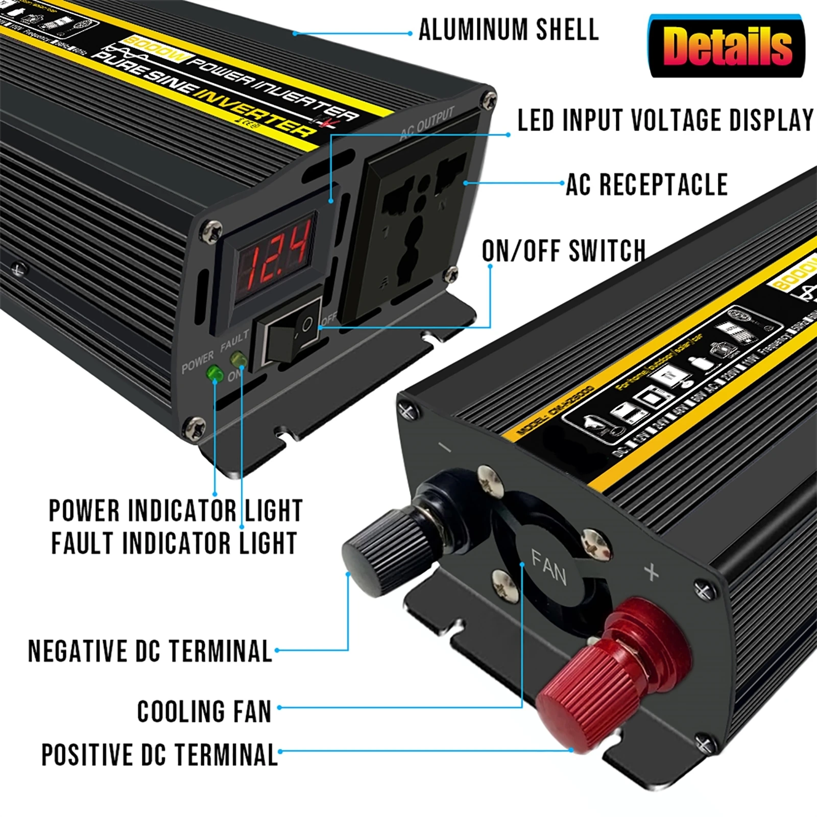 Sine Wave Inverter Power Inverter 10000/12000W Pure Sine Wave DC12V-220V Converter