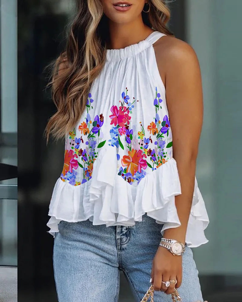 

Women's Tops 2023 Summer New Loral Print Ruffle Hem Sleeveless Casual Tank Top Fashion Basics Ladies Vest Pullover Y2k Bloues