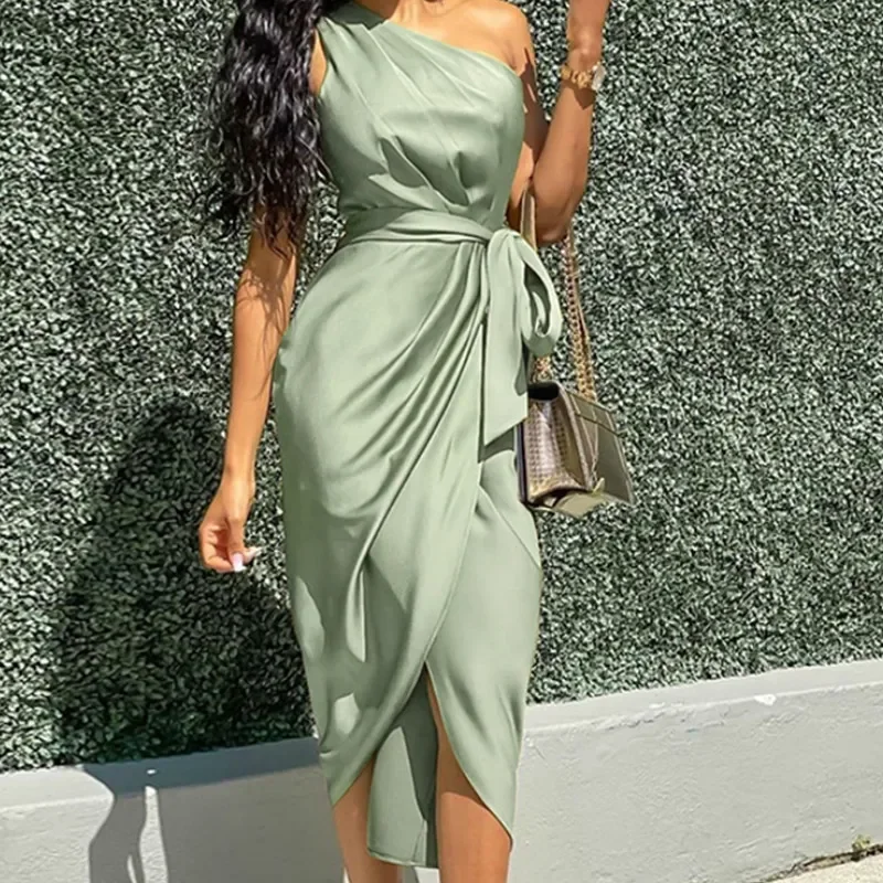 

Spring and Summer New Sloping Shoulder Slit Long Skirt Summer Temperament Solid Color Women's Irregular Lace Dress with Belt