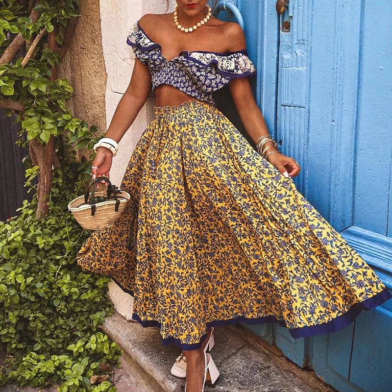 

Elegant Print Color Blocking Skirt Outfits Sexy Deep V-neck Ruffled Blouse & Long Skirt Sets Women Fashion Pleated Bohe 2Pc Suit