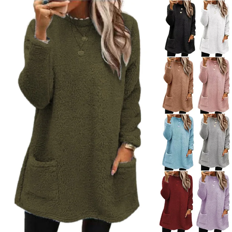 

Fashion New Women Autumn Winter Long-sleeved Pocket Plush Sweatshirt Casual O-Neck Daily Loose Harajuku Solid Color Top T-shirt