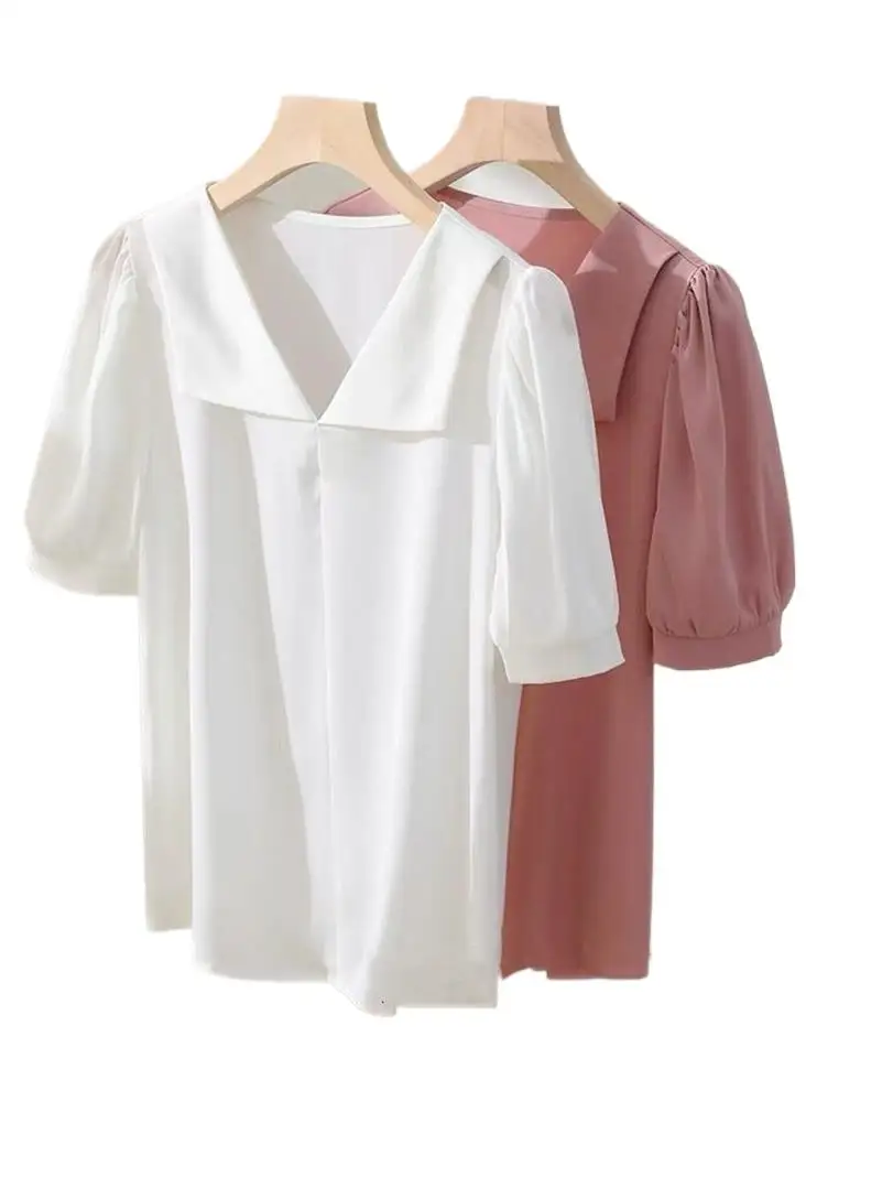 

Turn-down Collar T Shirts Tops Women Solid Satin Lantern Sleeve Lapel T Shirt Summer Fashion White Black Pink Purple Blouse