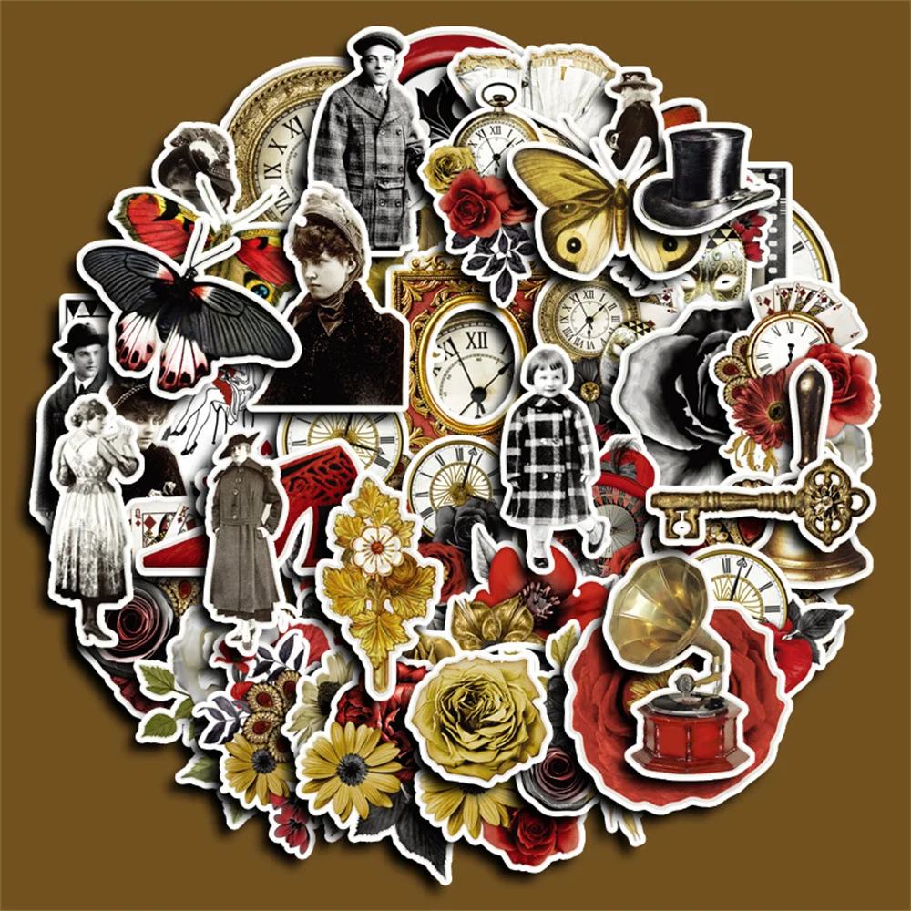 50pcs Retro Mask Character Clock Butterfly Stickers Pack Ipad Stationery Phone Case DIY Sticker Handmade Journal Accessories