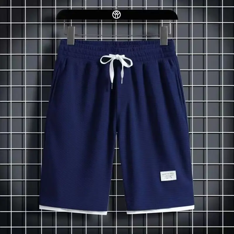 2024 Summer New Straight Pants Minimalist Men's Solid Color Drawstring Elastic High Waisted Spliced Pockets Loosecasual Shorts