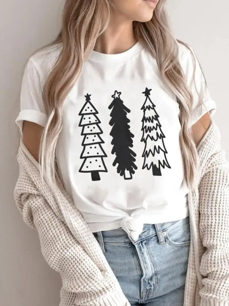 

Fashion Tree Watercolor 90s Cute Female New Year T-shirts Print T Top Graphic Tee Merry Christmas Women Holiday Shirt Clothing