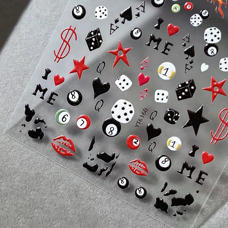 3D Embossed Cherry Nail Art Stickers Self Adhesive Pool & Dice Design Nail Art Decals Manicure DIY Accessories