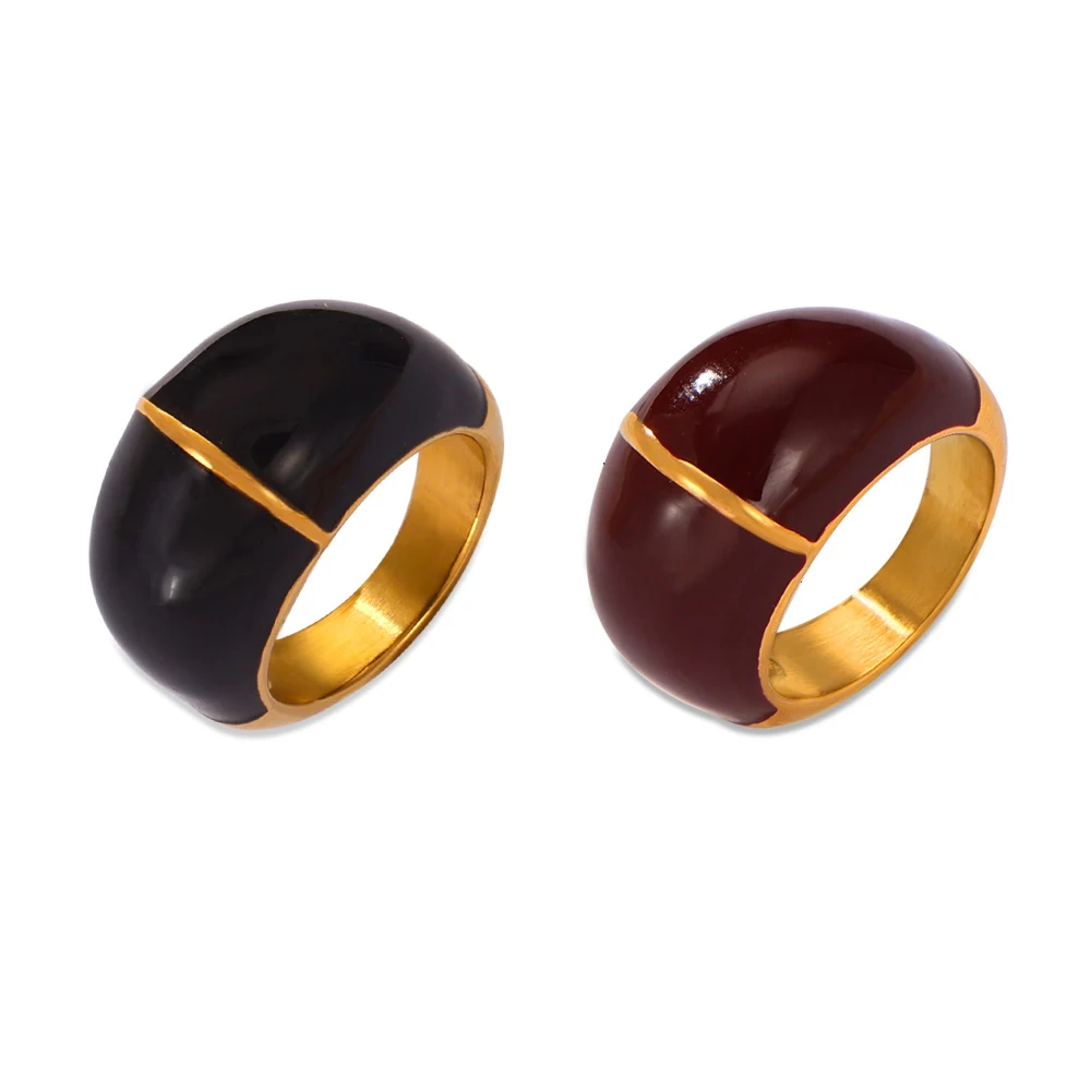 Vintage-Style Black and Red Enamel Stainless Steel Women's Ring with Luxury Charm Design