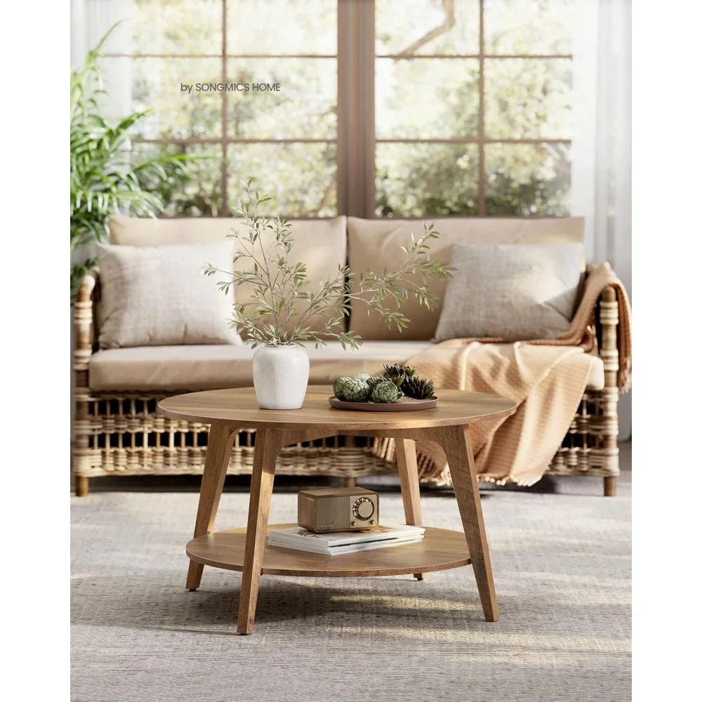 Round Coffee Table, 2 Tier Coffee Table with Storage, for Living Room, 31.5 x 17.7 Inches, Easy to Assemble, Honey Brown