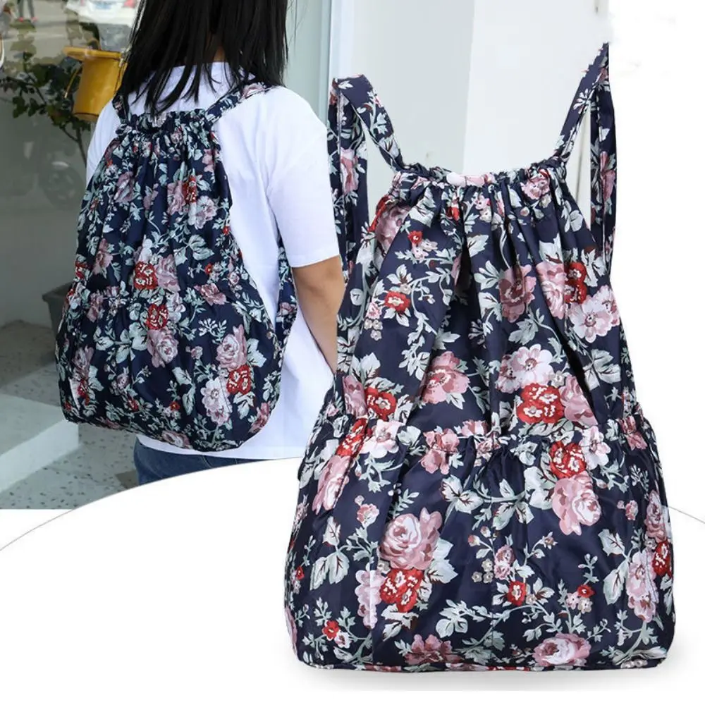 Fashion Floral Printed Drawstring Bag Polyester Waterproof Backpacks Fold Large Capacity Travel Bag Ladies