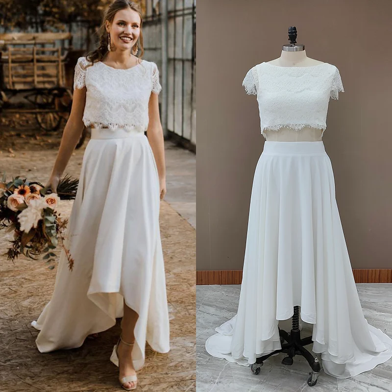 Two Pieces Wedding Dresses 2021 Lace Top Short Sleeve Bridal Gown Jewel