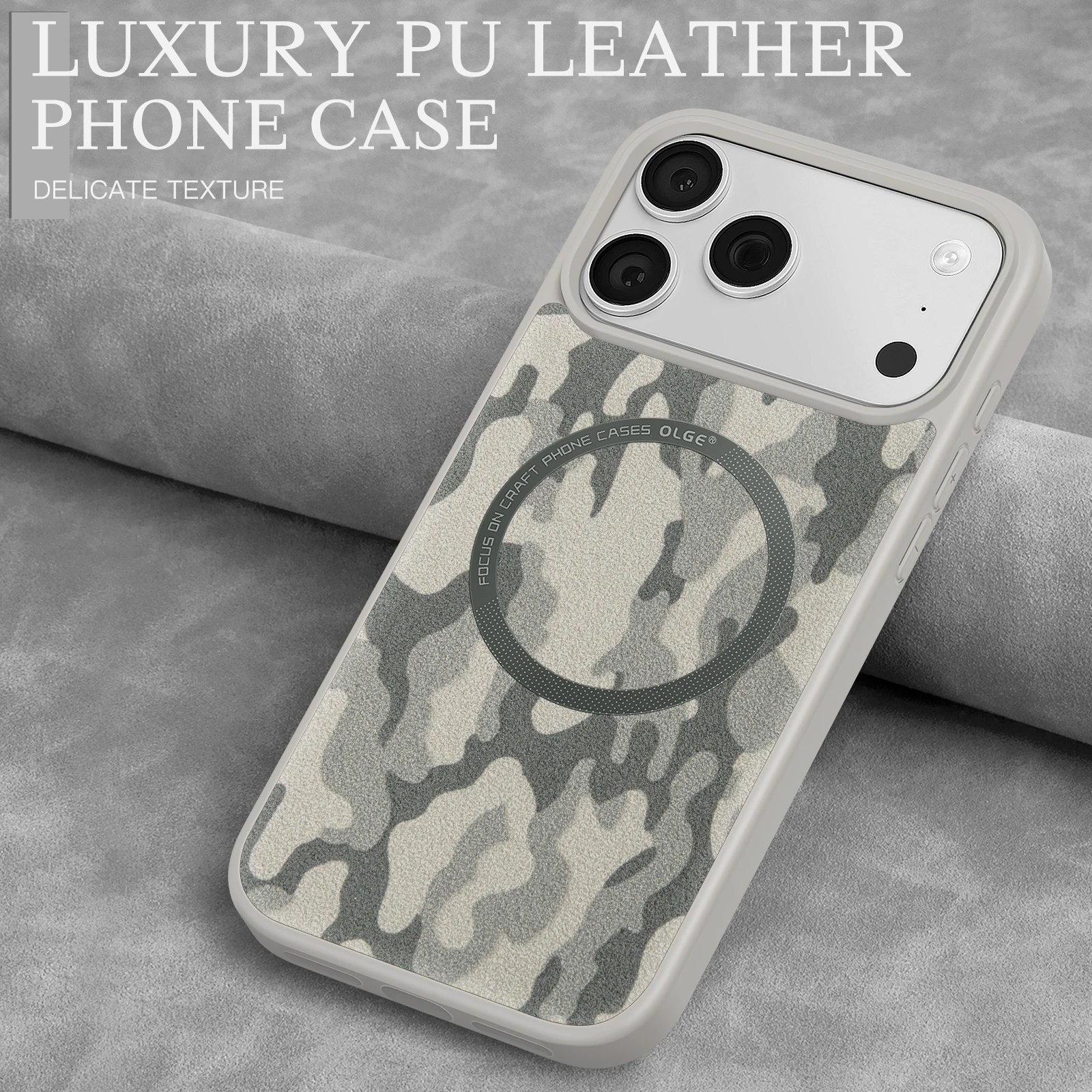 Frosted Camouflage Sheepskin Phone Case with Wireless Charging Capability