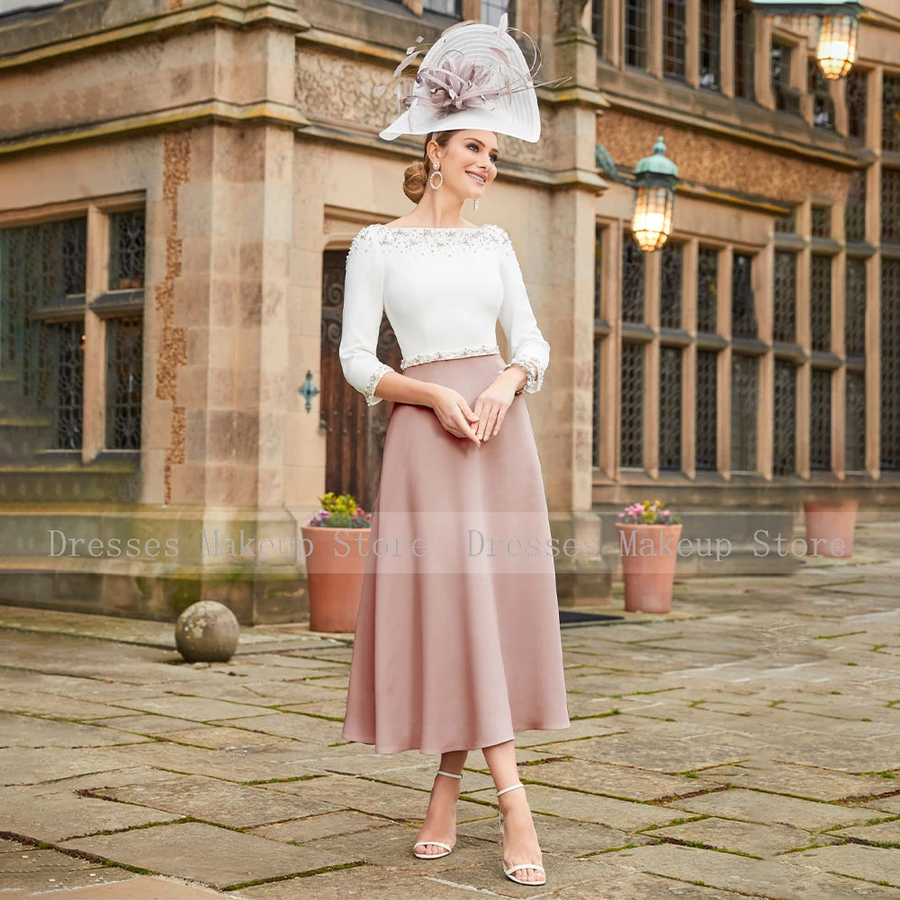 Mother bride dresses Short Mother of the Bride Dress A Line Boat Neck 3/4 Sleeves Elegant Wedding Guest Gowns Midi Beading Luxury Evening