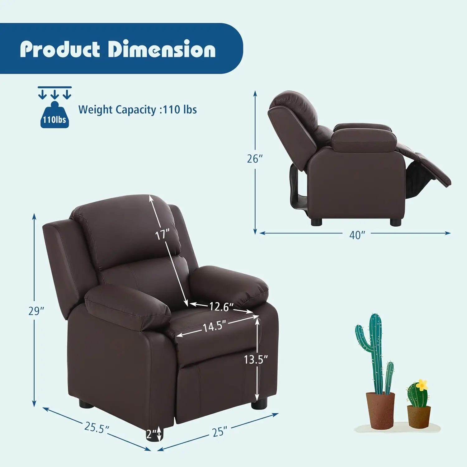 Kids Recliner, Leather Recliner Chair w/Footrest, Armrest Storage, Headrest & Lumbar Support, Ergonomic Lounge Chair for